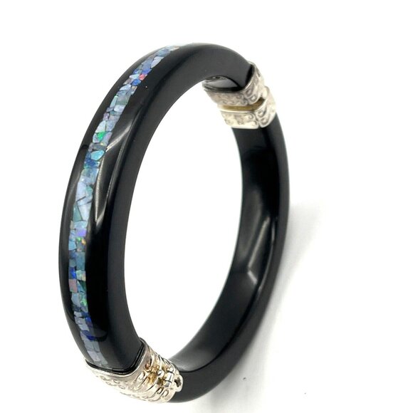 Jay King Black Onyx Agate & Micro Opal Mosaic Inlay Sterling Bangle Bracelet - Picture 4 of 9